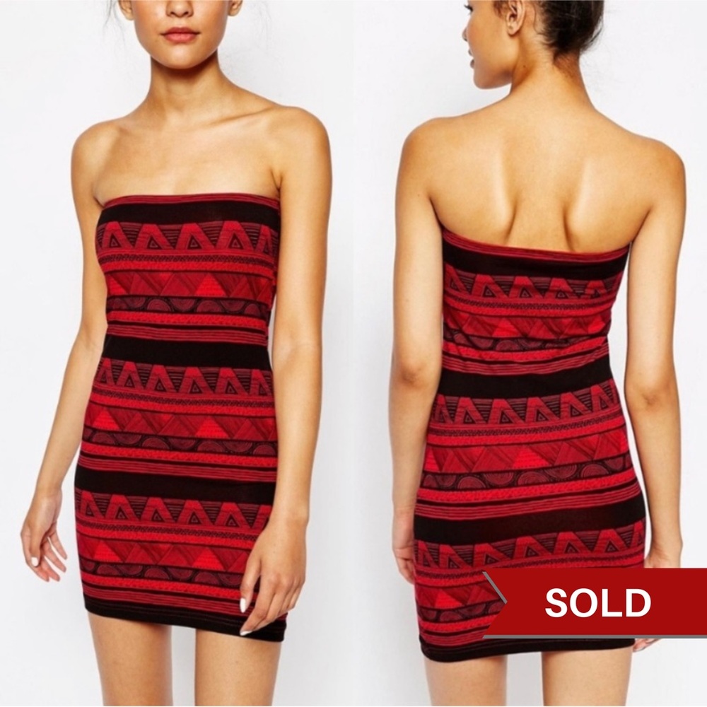 American Apparel Bandeau Mini Dress Red Tribal Print Bodycon Tube Sleeveless